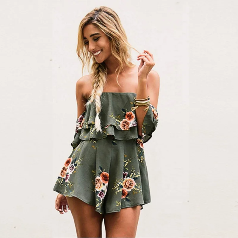 Danjeaner с открытыми плечами Boho Стиль Цветочный принт легкий костюм шортами для