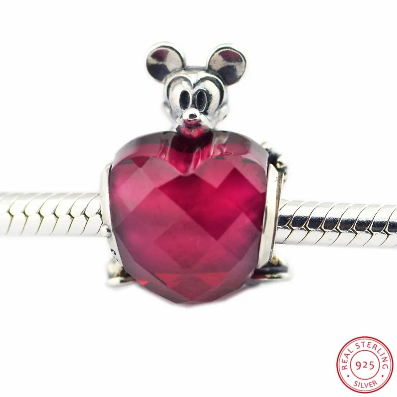 Сказочные бусины цвета фуксии Desney Mikey Mice Love Heart для женщин, изготовление ювелирных изделий, сделай сам, подходят для PANDORA, подвески, серебро, 925, FL740