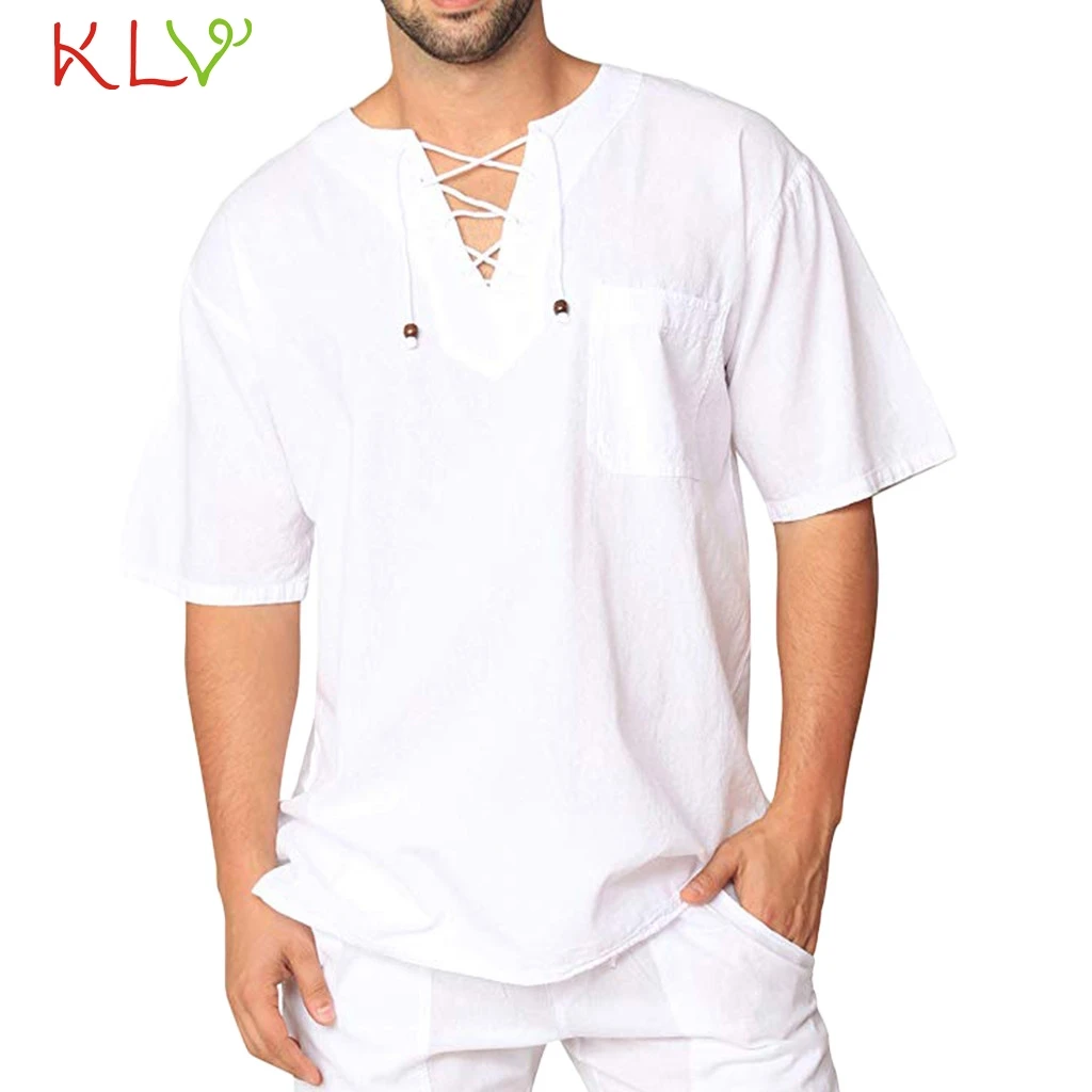 Мужская Летняя льняная футболка с v образным вырезом и коротким рукавом Модная