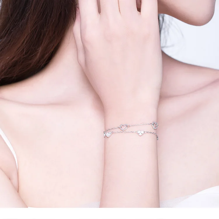 BISAER 925 пробы Серебряный красивый браслет на цепочке с сердечком для женщин подарок для влюбленных трендовые ювелирные аксессуары GXB151