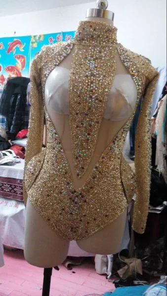 

customized Fashion High Quality Full Rhinestone Bodysuit For Nightclub Dancer And Dj Singer Costume Brown Green Red Color