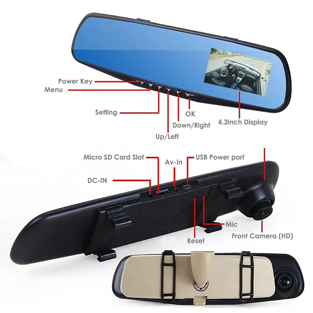 ADDKEY FHD 1080P Автомобильный видеорегистратор Камера авто 4,3 дюймов зеркало заднего вида цифровой видеорегистратор двойной объектив регистратор видеокамера видеорегистратор