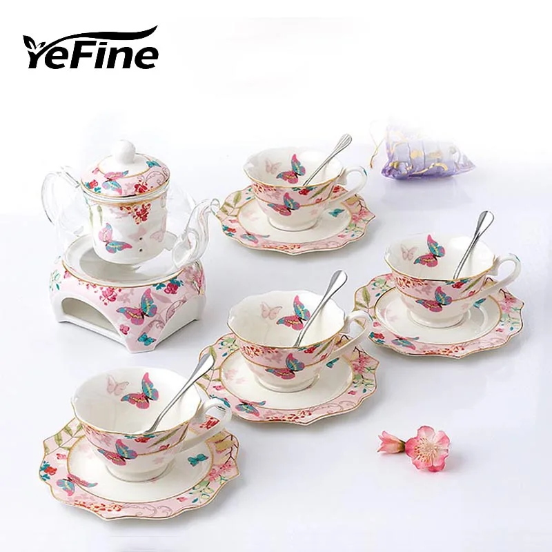 Китайский чайный сервиз YeFine из фарфора с высокой термостойкостью и стеклянным чайником с 4 персонами, керамические чашки и блюдца, свадебный подарок