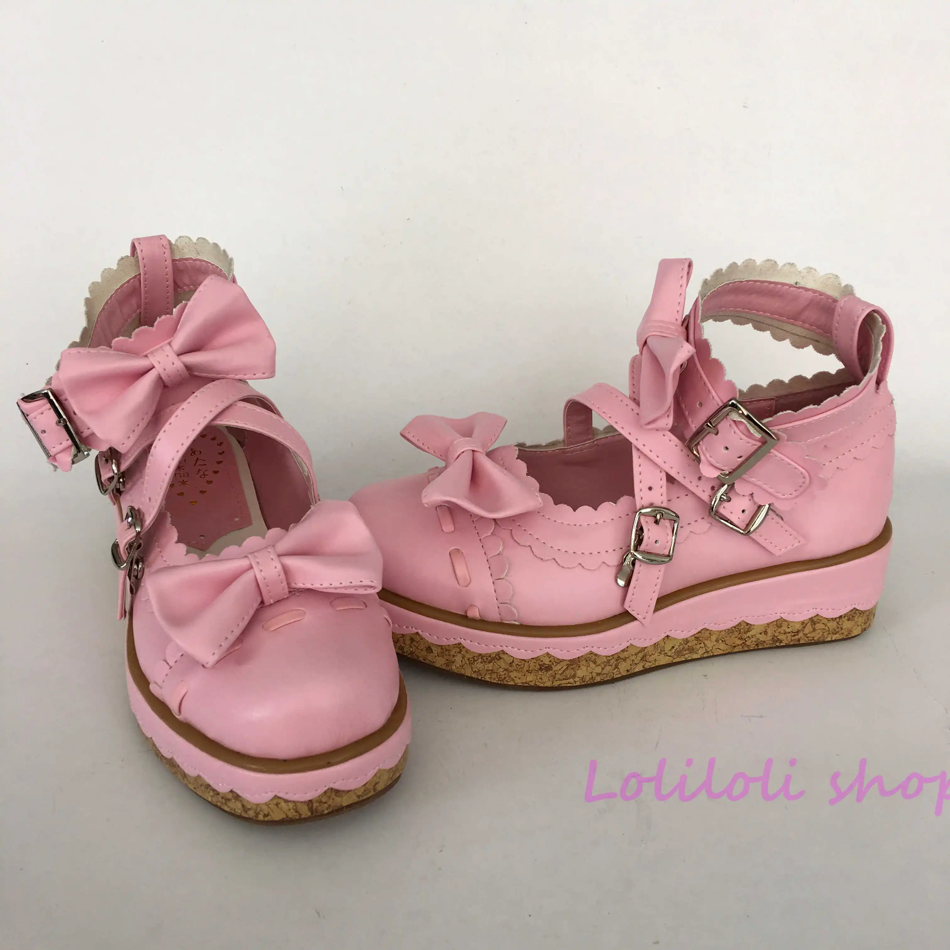 Princess sweet pink lolita shoes Bow buckle Shoe of sponge cake Customer customized large size By hand made lace an2002-8 Обувь