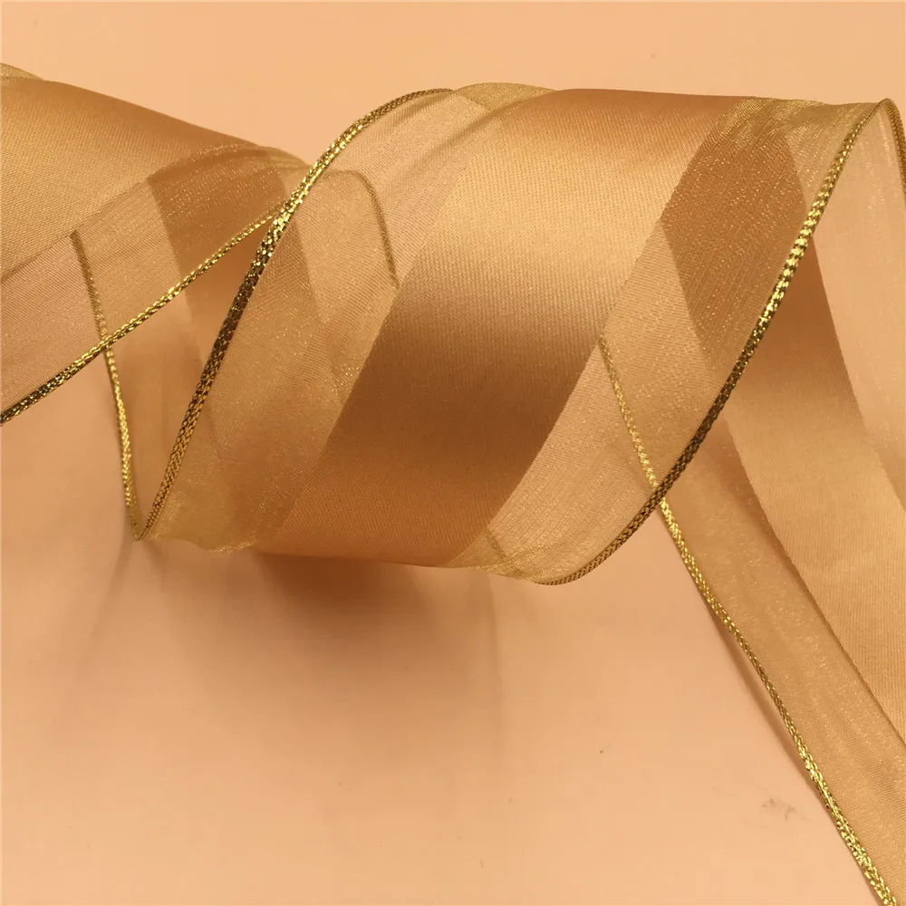 

63mm X 25yards Christmas Wired Ribbon Solid Gold Satin Organza Edges for Gift Wrapping N2126