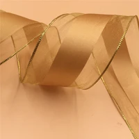 63mm x 25yards christmas wired ribbon solid gold satin organza edges for gift wrapping n2126
