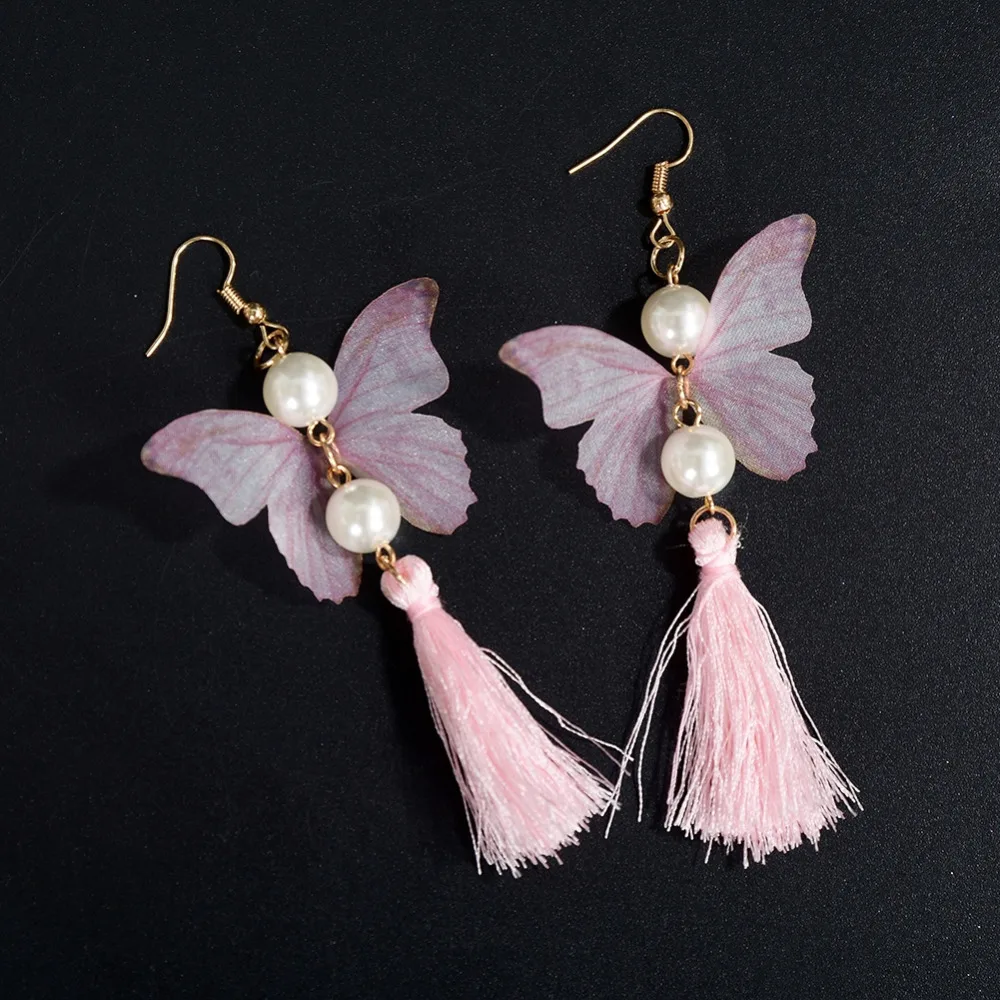 Богемный Стиль бабочка Серьги золото-Цвет длинная цепь с имитацией жемчуга