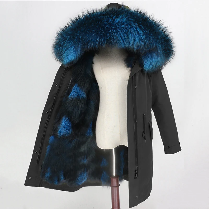 black light blue OFTBUY X-long водонепроницаемая верхняя одежда, парка из натурального меха, пальто из натурального Лисьего меха, зимняя куртка для женщин, капюшон из меха енота, теплая Съемная Новинка - Цвет: black light blue