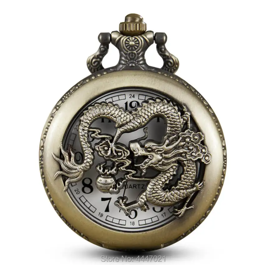 

Hollow Dragon Pocket Watch Chains Pendant Necklace Chinese Totem Pocket Watches Steampunk Gifts for men Reloj De Bolsillo