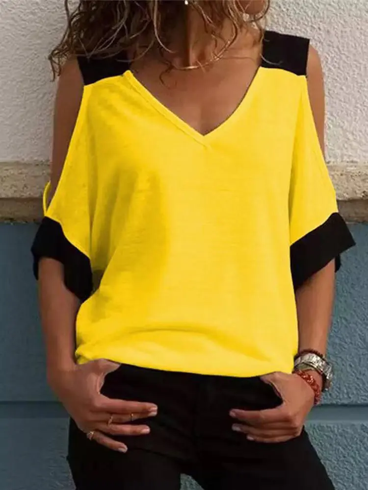 Yellow Сексуальная с плеча V шеи Лоскутная Блузка Топы летние женские короткий рукав Свободная Повседневная блузка Blusas плюс размер 5XL - Цвет: Yellow