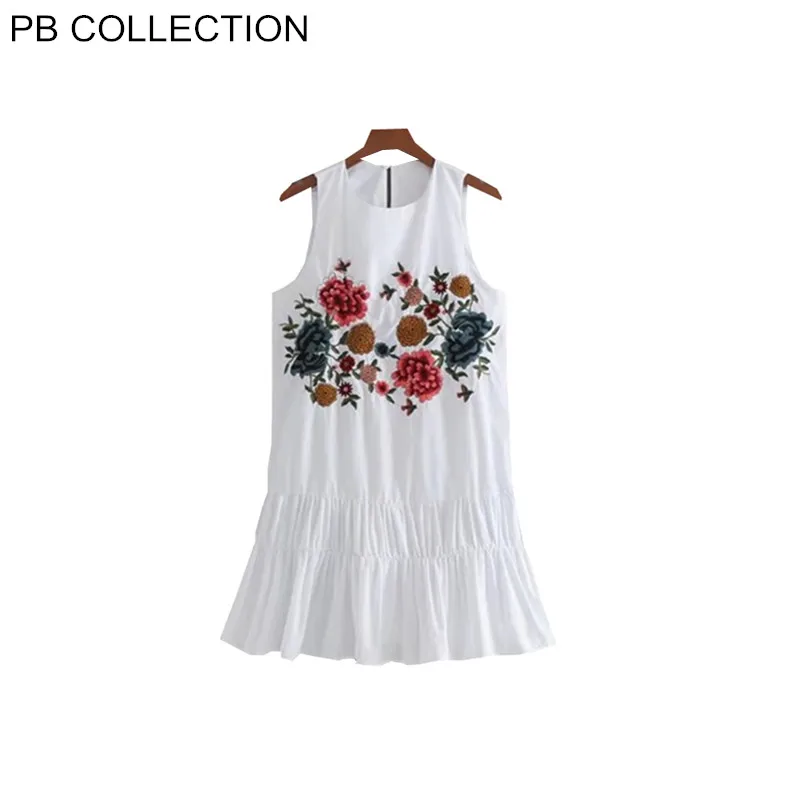 Для женщин летнее платье Вышивка без рукавов и подола оборками Свободные