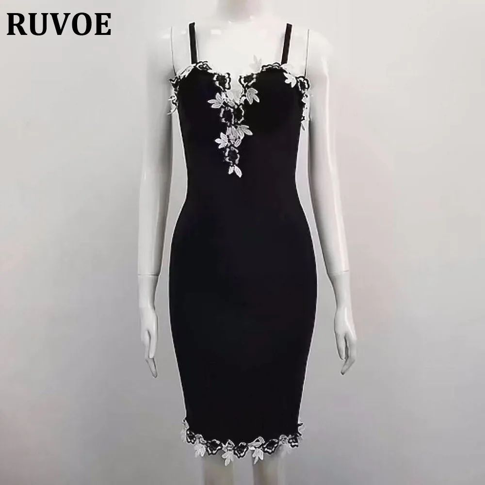 

Women Sexy V Neck Floral Dress Fashion Black Rayon Bodycon Bandage Lacework Dress Celebrity Party Dresses robe femme Q-63