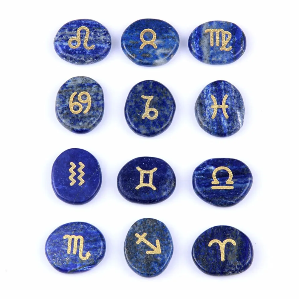 

yaye 12pcs Zodiac Stones Set Natural Lapis Lazuli Symbols Handmade Polished Gemstones Craft Feng Shui Decoration with Velvet Bag
