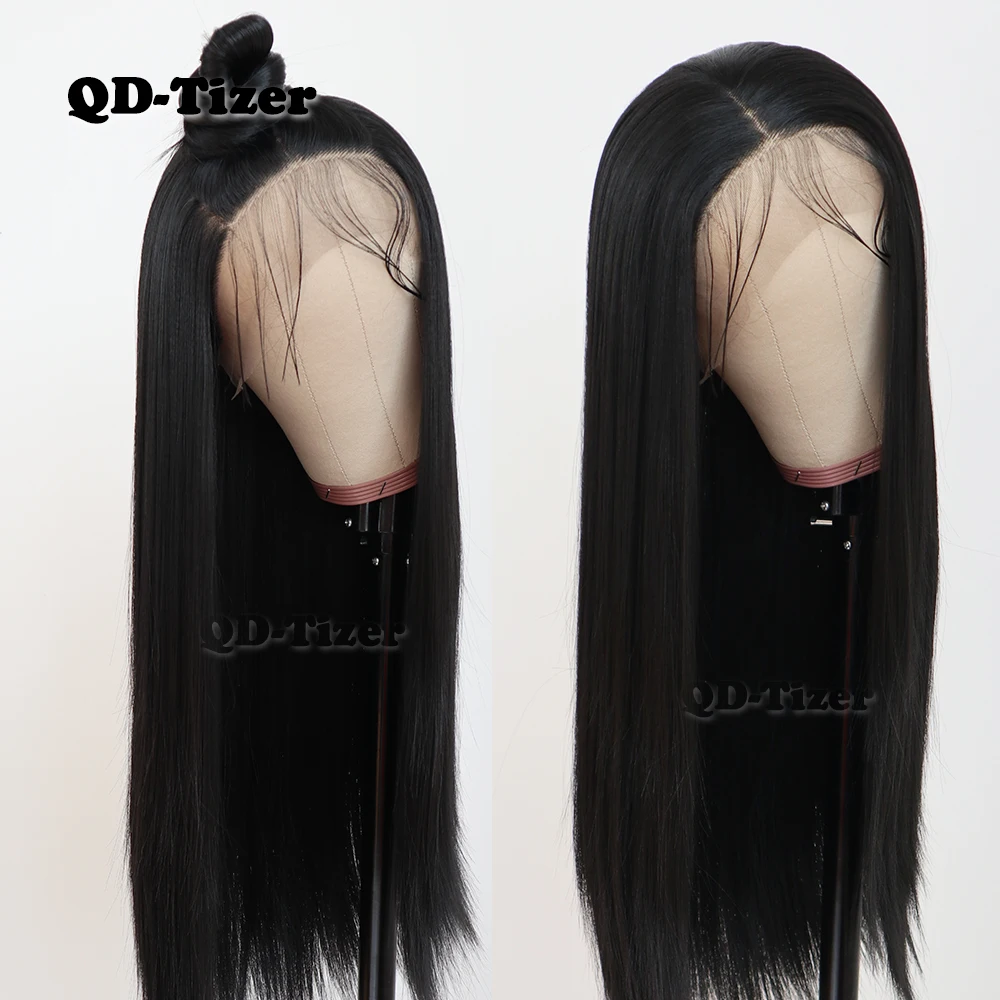 QD-Tizer Black Color Long Straight Hair Lace Front Wig Gluless Heat Resistant Synthetic Lace Front Wig for Black Women