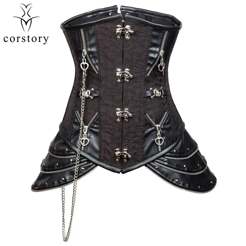 Стимпанк черная парча кожа Бюстье Топы сексуальные женские стальные косточки
