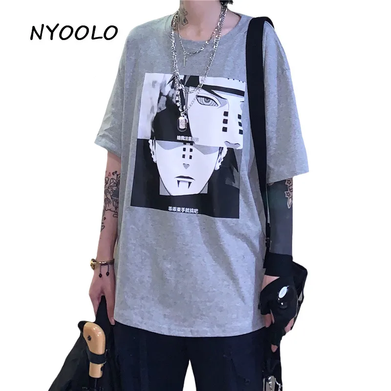 NYOOLO Harajuku стильная Винтажная Футболка с принтом аниме, летняя уличная свободная футболка с коротким рукавом, Женская/Мужская одежда, топы, футболки