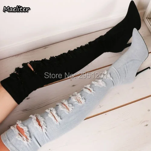 Осенне зимние ботинки выше колена с острым носком|thigh high boots|boots sexyblue denim boots |