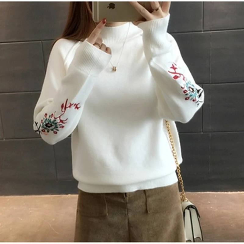 Girl Autumn Winter Plus Size Long Sleeve Knitted Sweater Female Embroidered Half Turtleneck Loose Pullover F280 | Женская одежда