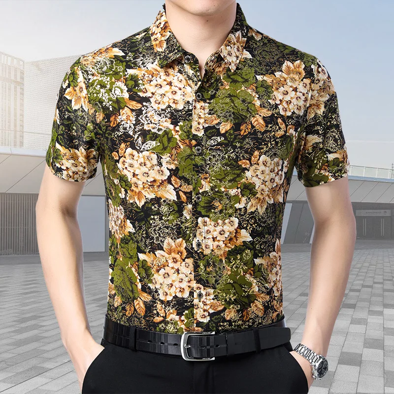 

Hot Sale Male Casual Summer Floral Clothes Fashion Printed Dress Shirt Male Short Sleeve Shirts