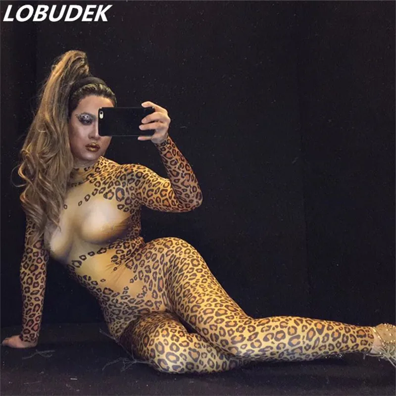 Sexy Skinny stretch Leopard bodysuit female singer nightclub Bar performance outfit costume leopard print jumpsuit DJ stage wear