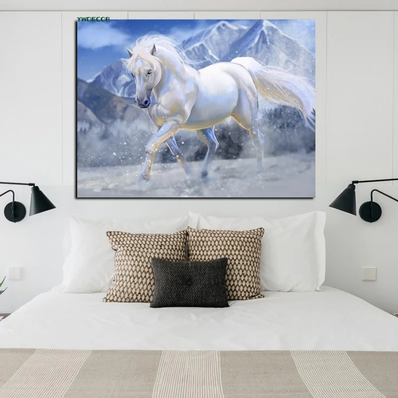 YWDECOR HD печать белая бегущая лошадь картина маслом на холсте животные минимализм