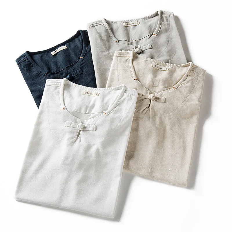 Рубашка мужская из хлопка и льна модный топ с коротким рукавом круглым вырезом