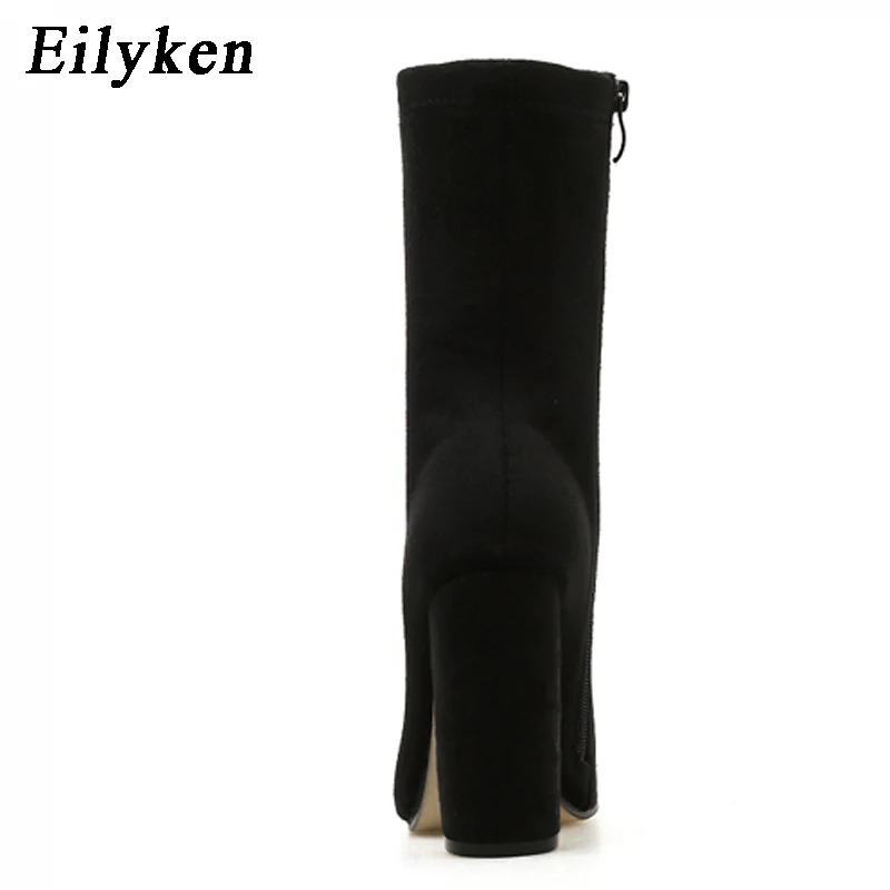 Eilyken/Новинка года; дизайнерские женские ботинки из флока; осенние ботильоны для женщин с острым носком на квадратном каблуке на молнии; Цвет Черный; большие размеры 35-42