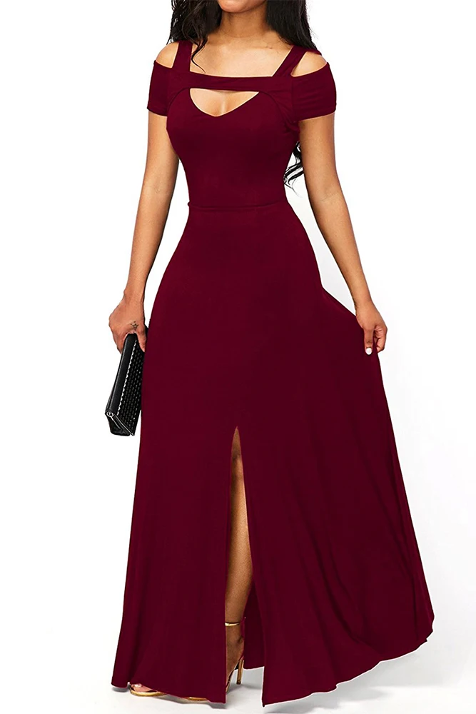 Women New Cold Shoulder Front Slit Flare Maxi Dress Sexy V Neck Empire Waistline Party Long Plus Size Elegant Dresses Vestidos | Женская