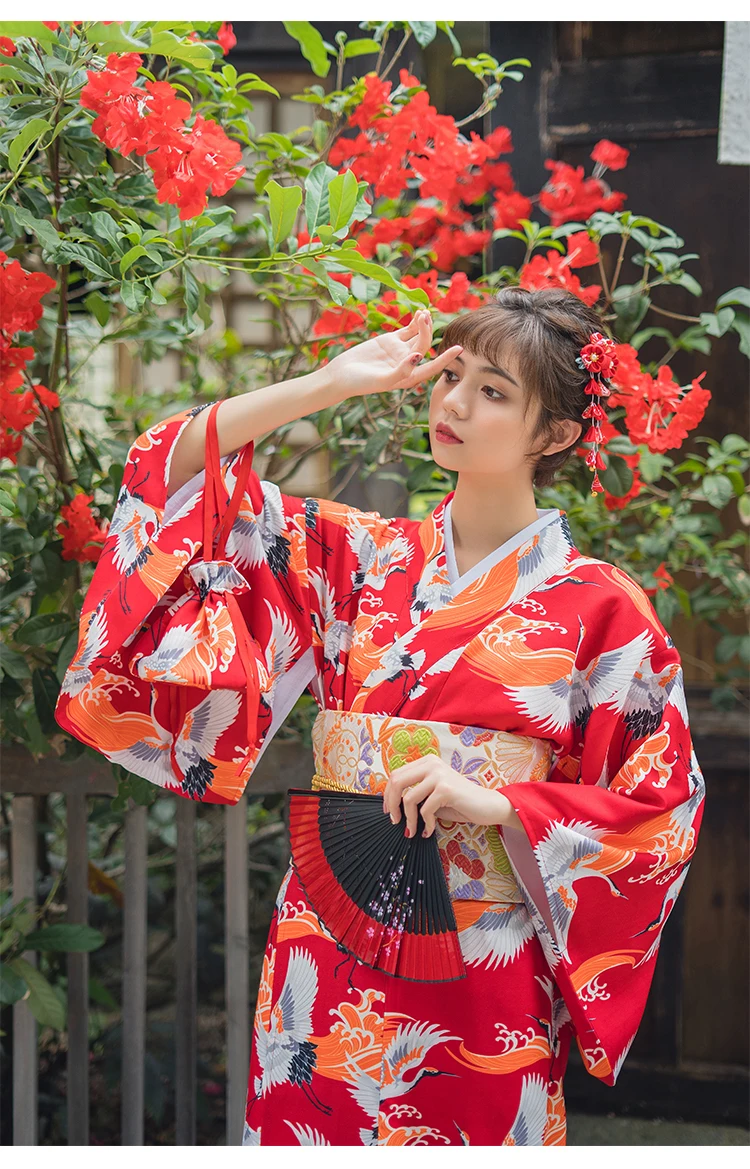Женское японское кимоно красного цвета с принтом журавля Yuaka Robe, одежда для косплея, одежда для выступлений на сцене/фотосъемки