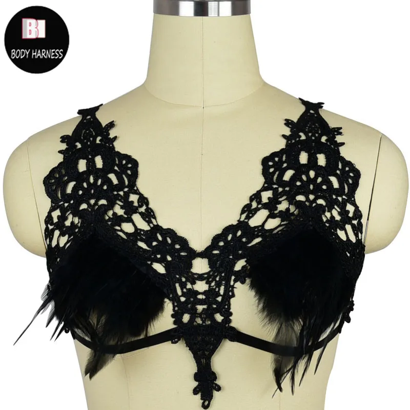 Кружевной бюстгальтер с перьями Фетиш одежда клетка в готическом стиле
