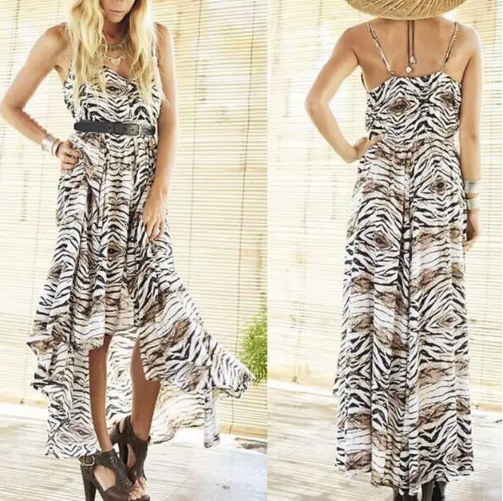 Женское летнее асимметричное леопардовое платье Boho без рукавов Длинные Макси
