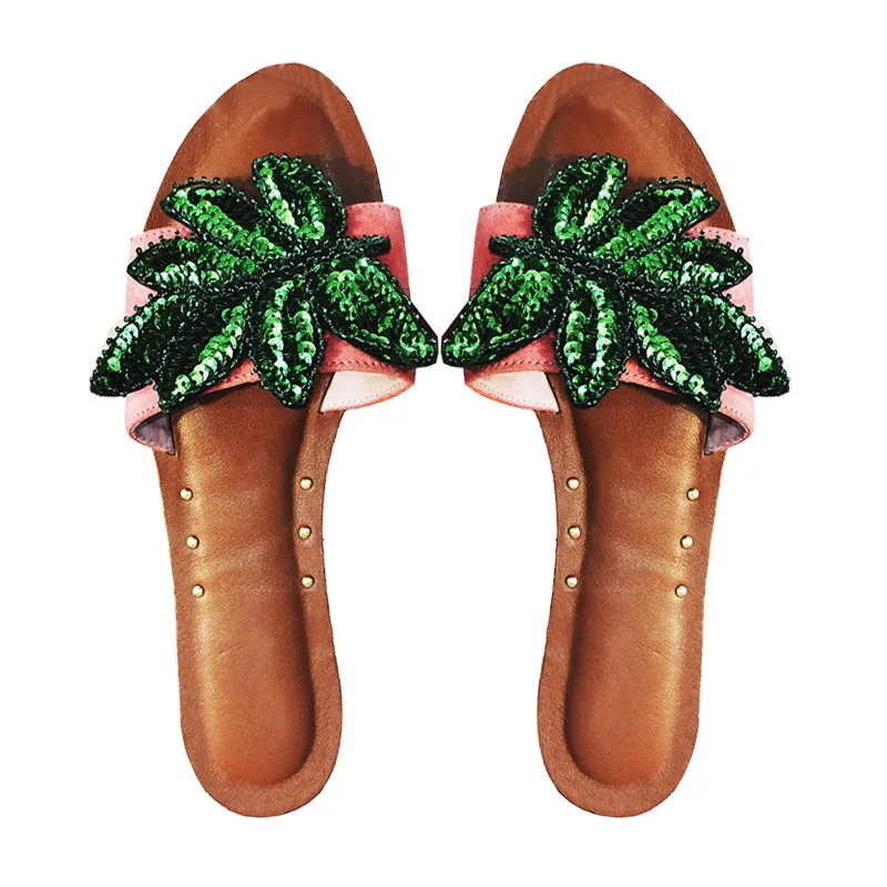 green bling leaf Простой Зеленый bling лист Тапочки женские Босоножки с открытым носком натуральная кожа женская обувь декорированные заклепками туфли на плоской поверхности для ленивых пляжная обувь - Цвет: green bling leaf