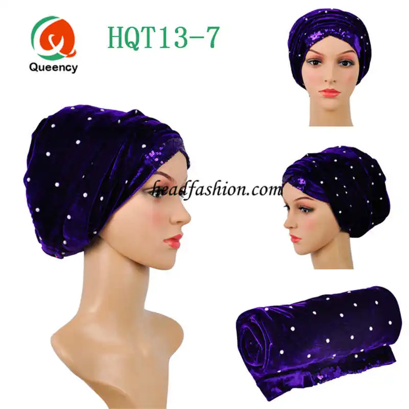 purple HQT13New поступление! Африканский тюрбан геле бусины с блестками тюрбан Width7"* 22" мягкий; разные цвета; Женская повязка на голову геле - Цвет: purple