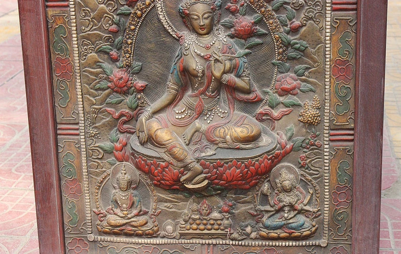 Tibet Wood Painting Green Tara Mahayana Buddhism enlightenment Goddess Thangka |