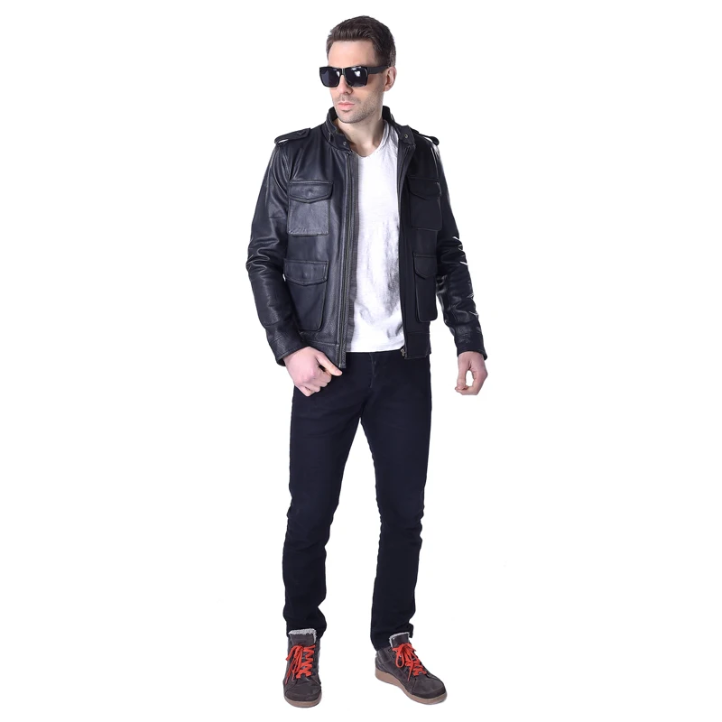 Мужская кожаная куртка из 100% натуральной воловьей кожи черная бомбер мужская