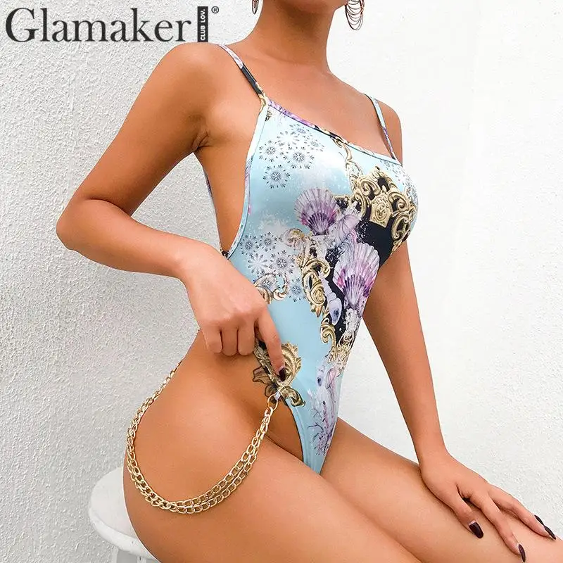 Glamaker цепи с низким вырезом на спине принт сексуальное боди Для женщин летом