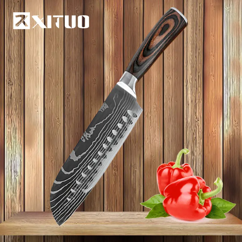 7 in Santoku knife XITUO набор ножей из 3 предметов для шеф-повара, кухонные ножи из нержавеющей стали, наборы ножей для приготовления пищи, лезвие из высокоуглеродистой стали с деревянной ручкой, Новинка - Цвет: 7 in Santoku knife
