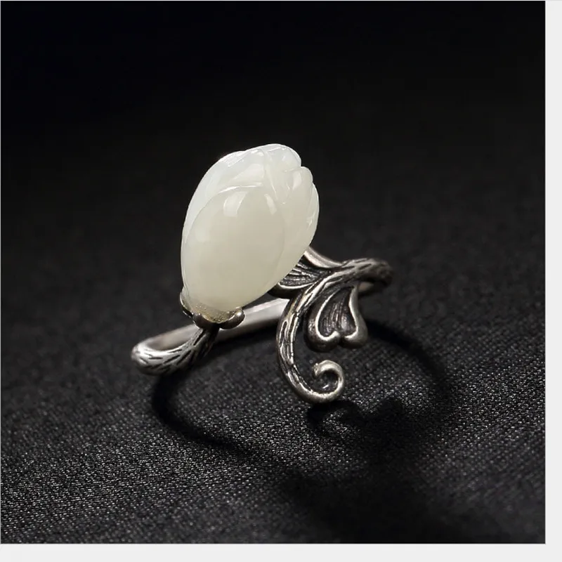 Uglyless 100% Real 925 Sterling Silver Handmade Leaf Rings for Women Thai Fine Jewelry Natural Jade Magnolia Finger Ring | Украшения и