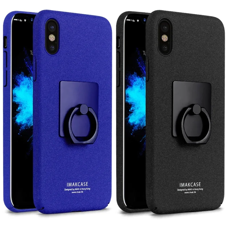 IMAK for Apple iPhone X/10 Ring Holder Kickstand Matte Hard Case + Screen Protector - Black |