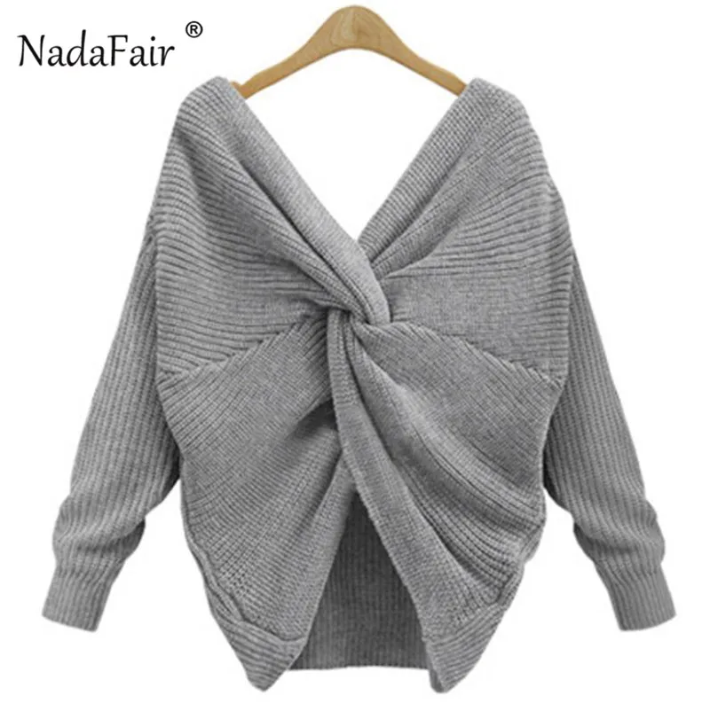 Nadafair, сексуальный свитер с открытой спиной, крест-накрест, женские пуловеры, Осень-зима, длинный рукав, однотонный Повседневный свитер, Женский вязаный джемпер - Цвет: Серый