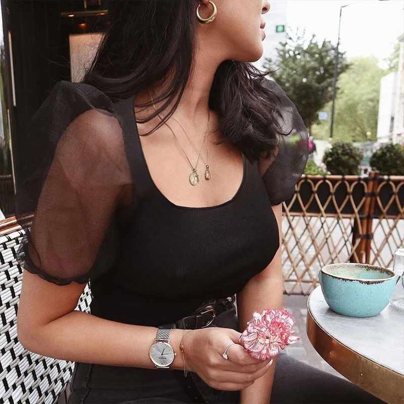 Women Pink Puff Sleeve T-Shirt Mesh Cotton Crop Top Tee Fashion Summer Lady Girls Casual Korea O Neck Short T-shirt | Женская одежда