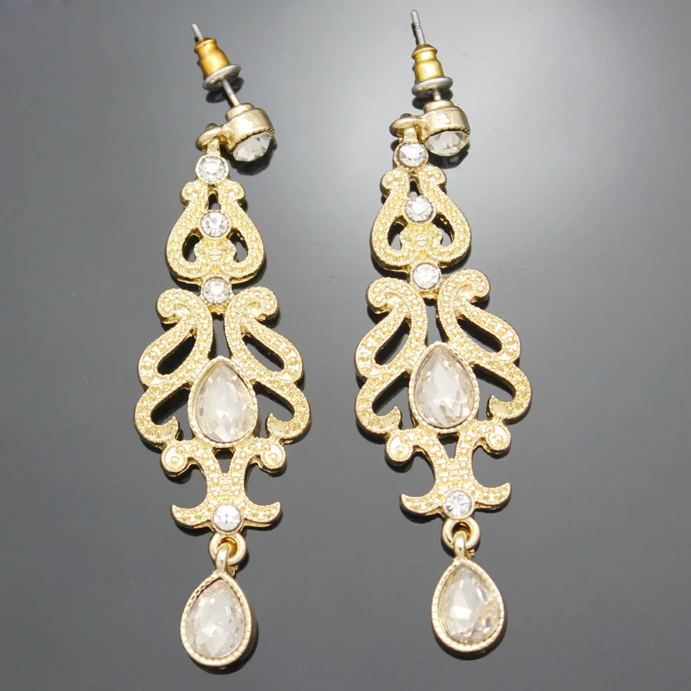 Gold Art Deco 20s 30s Flapper Costume Austria Crystal Bridal Prom Dangle Earrings Jewelry Catwalk Runway Gift | Украшения и