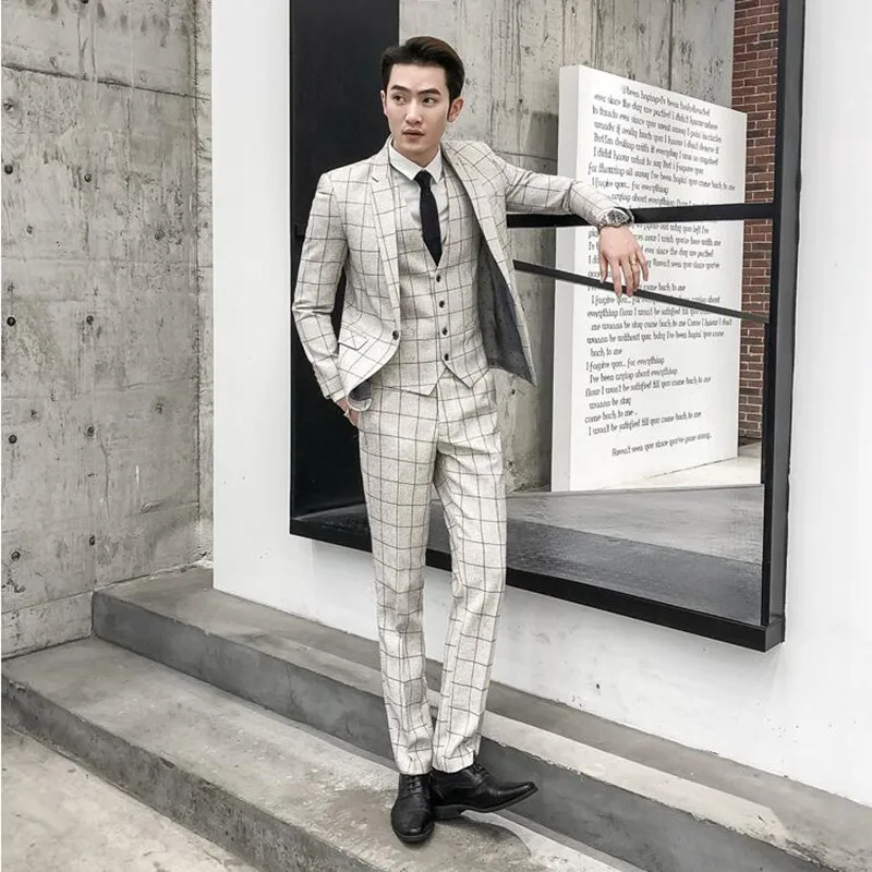 luxury Plaid Suit For Men (Jacket Vest Pant) 2019 New Fashion Party Wedding Suits Costume Mariage Homme Check Male | Мужская одежда