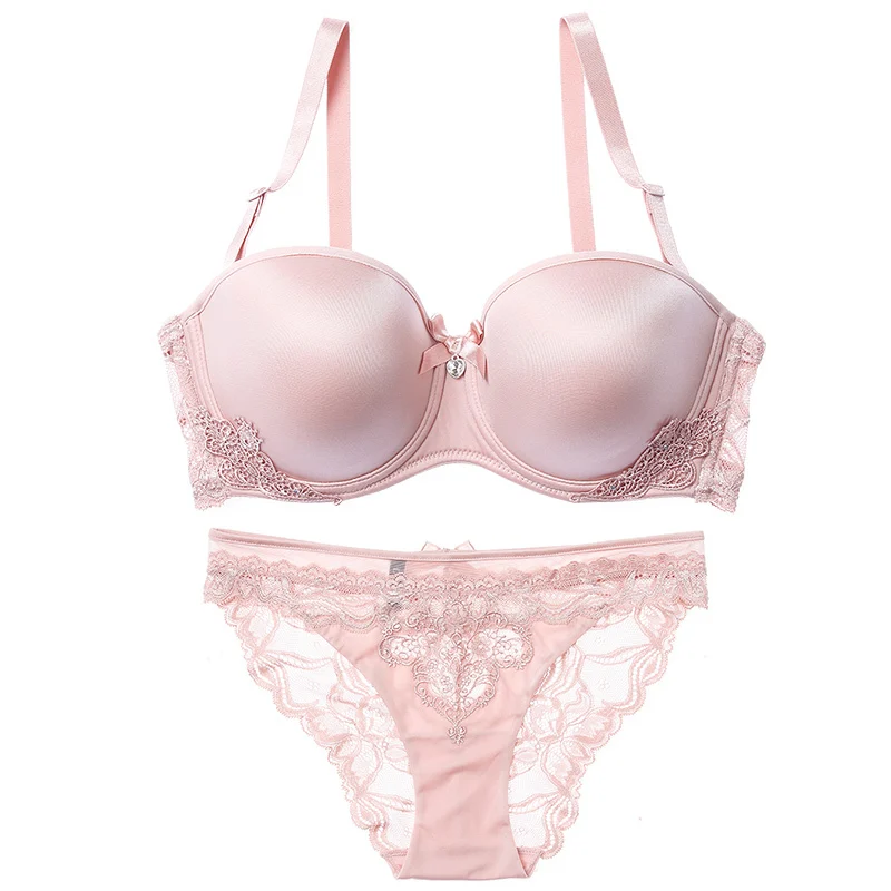 PINK Set Lilymoda, сексуальный летний женский бесшовный бюстгальтер, гладкий бюстгальтер-футболка, кружевной бюстгальтер с вышивкой, комплект нижнего белья, пуш-ап, половина чашки - Цвет: PINK Set
