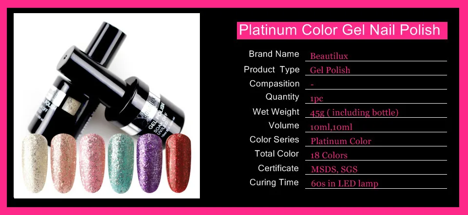 Beautilux 1 шт. Платиновые Блестки Bling Блеск для губ с острым носком, украшенные блестящим элегантный био-Гели Soak Off УФ гель лак для ногтей светодиодный ногтей Гель-лак 10 мл