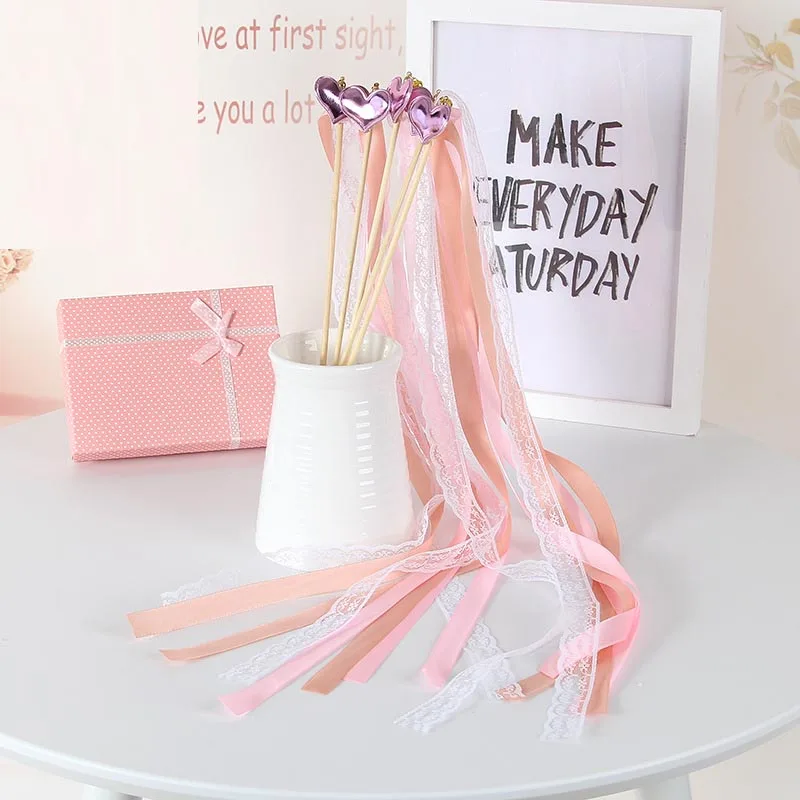 Romantic Heart Decoration Ribbon Wish Wands With Bells Party Fairy Stick Cheering Props birthday wedding|Флажки вымпелы и