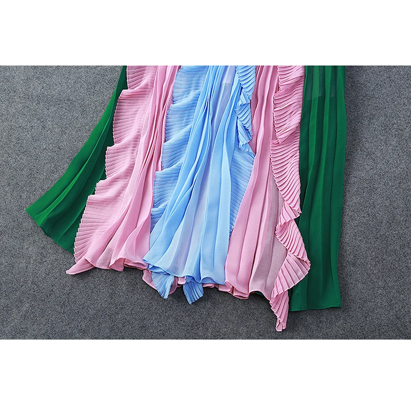 RG богемный Цвет блока Макси-платье Для женщин рябить украшения плиссированные