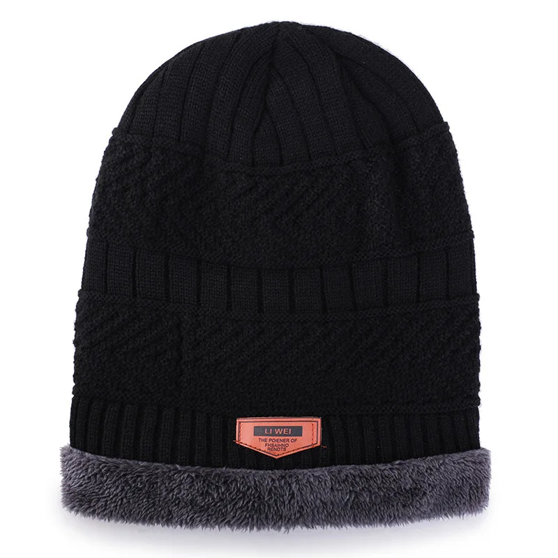 fashion Brand Solid Color Knit Beanies Hat Scarf Plus Velvet Winter Hat Man Woman Warm Thicken Hedging Cap Ski Soft Scarves - Цвет: Черный