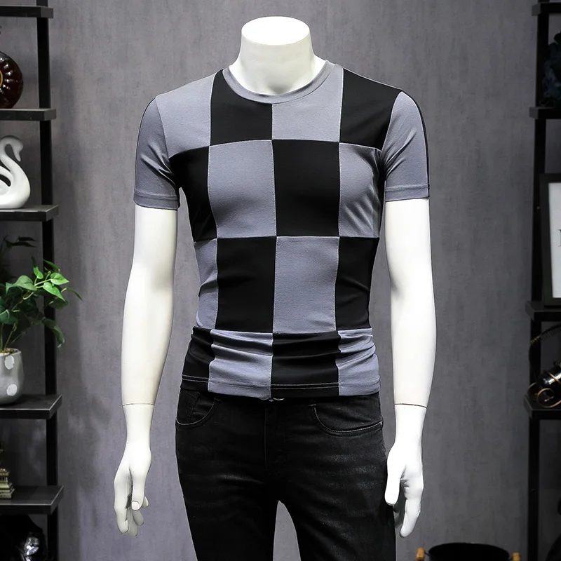 

Brand Designer Plaid Men T shirt 2019 Summer New Short Sleeve Square Colors Men T-shirts Gray White 9223