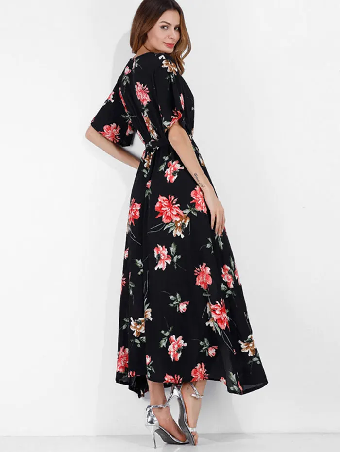 Женское платье макси ZAFUL длинное с цветочным принтом и поясом элегантное